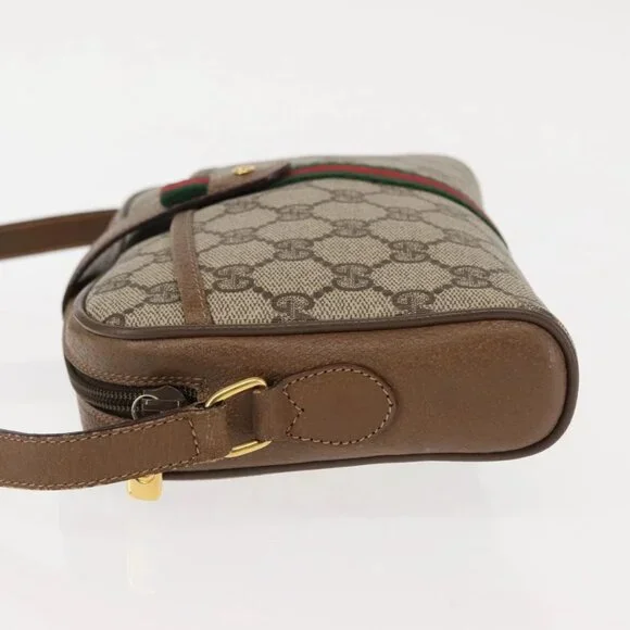 GUCCI GG Canvas Web Sherry Line Shoulder Bag PVC Leather Beige Green